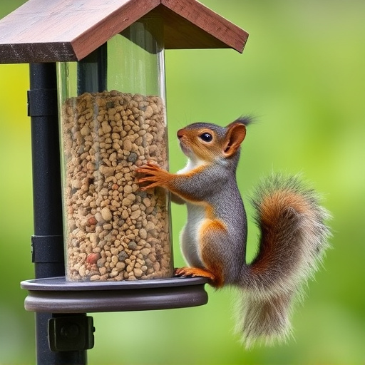 Squirrel climbing near protected bird feeder