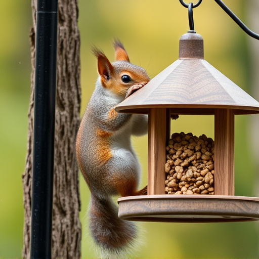 Squirrel climbing near protected bird feeder