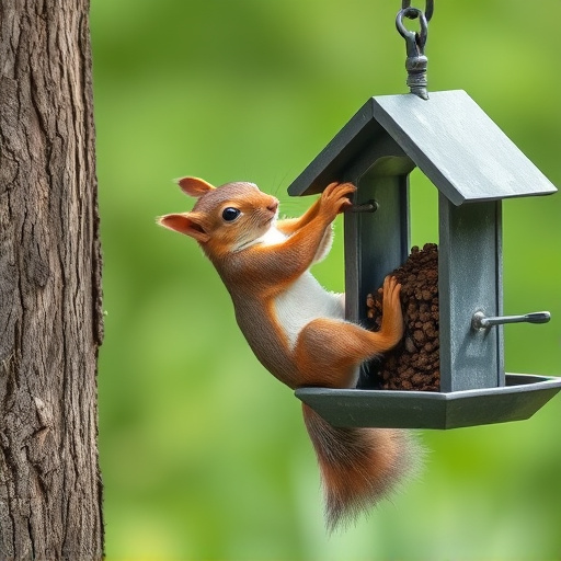 Squirrel climbing near protected bird feeder
