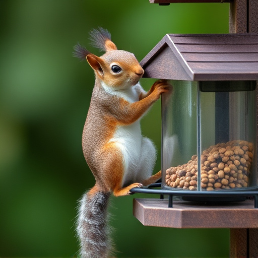 Squirrel climbing near protected bird feeder