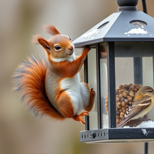 Squirrel climbing near protected bird feeder