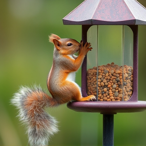 Squirrel climbing near protected bird feeder