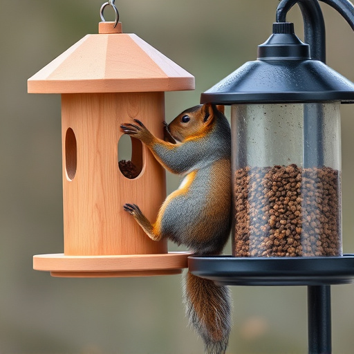 Squirrel climbing near protected bird feeder