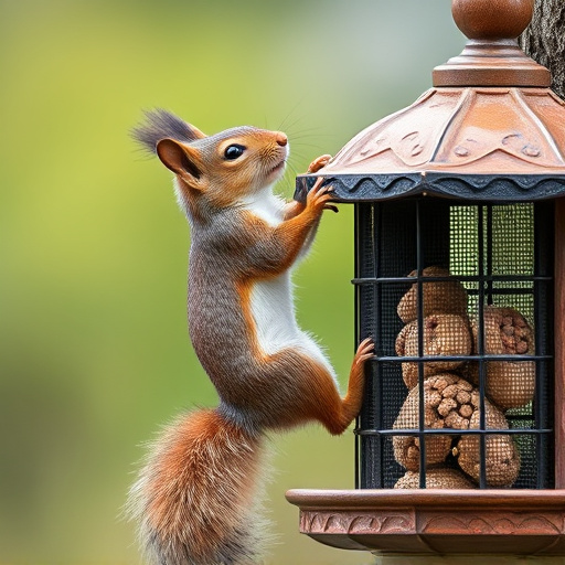 Squirrel climbing near protected bird feeder