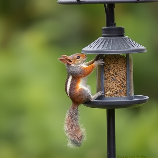 Squirrel climbing near protected bird feeder