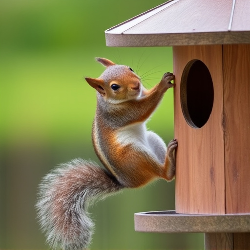 Squirrel climbing near protected bird feeder
