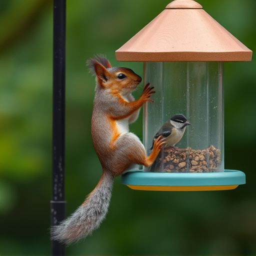 Squirrel climbing near protected bird feeder