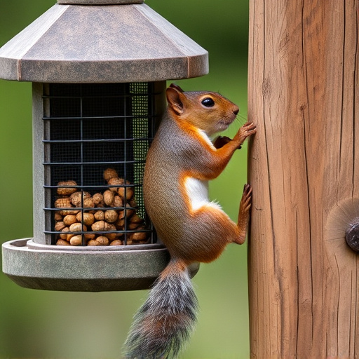 Squirrel climbing near protected bird feeder