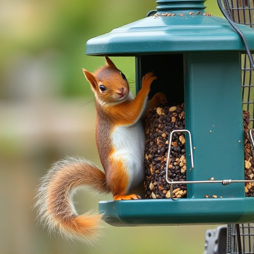 Squirrel climbing near protected bird feeder