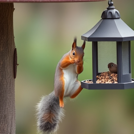 Squirrel climbing near protected bird feeder