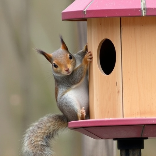 Squirrel climbing near protected bird feeder