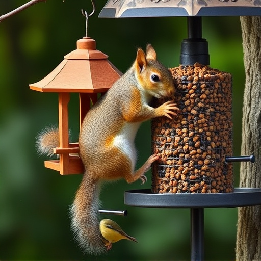 Squirrel climbing near protected bird feeder