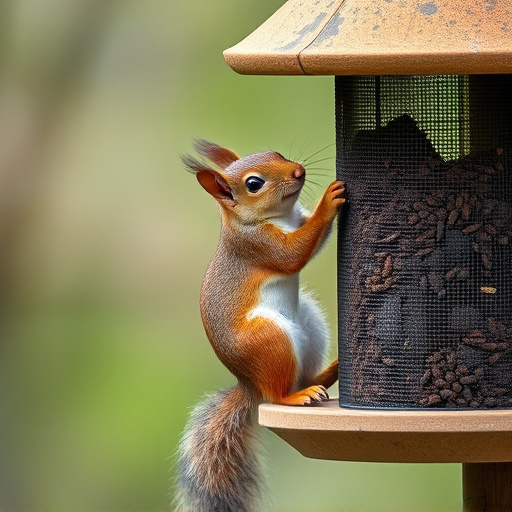 Squirrel climbing near protected bird feeder
