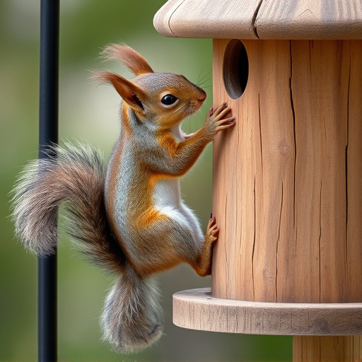 Squirrel climbing near protected bird feeder