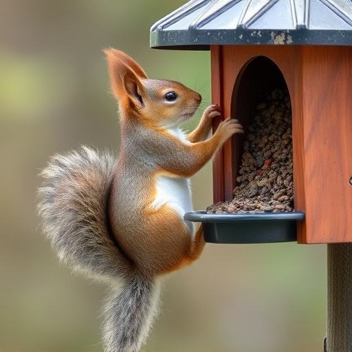 Squirrel climbing near protected bird feeder