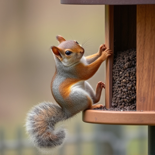 Squirrel climbing near protected bird feeder
