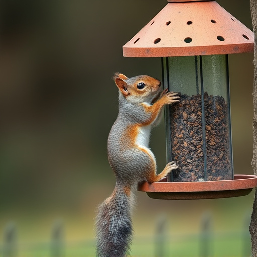 Squirrel climbing near protected bird feeder