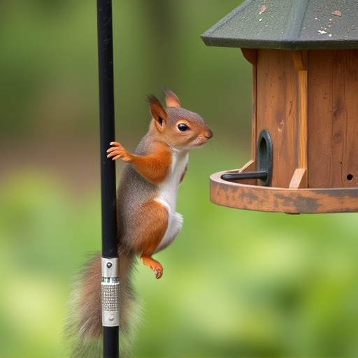 Squirrel climbing near protected bird feeder