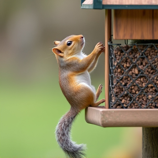 Squirrel climbing near protected bird feeder
