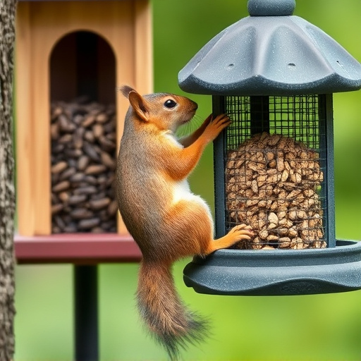Squirrel climbing near protected bird feeder