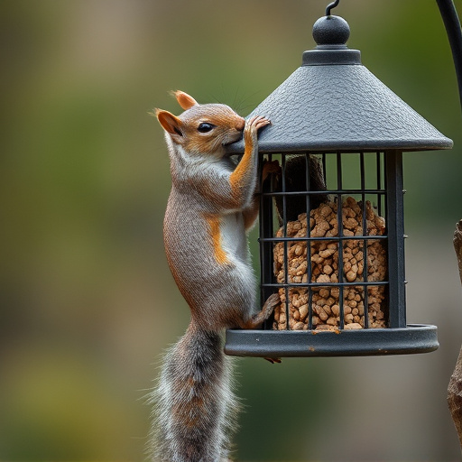 Squirrel climbing near protected bird feeder