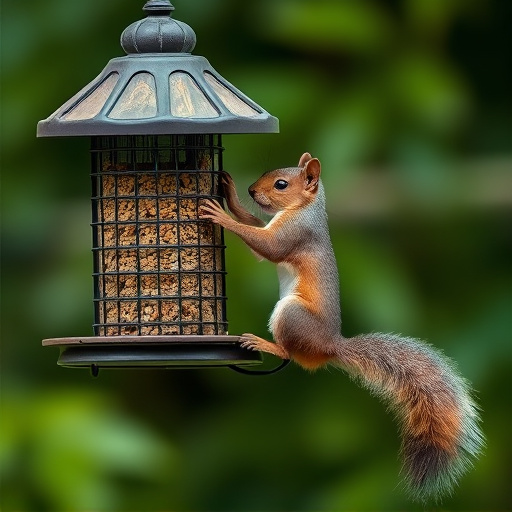 Squirrel climbing near protected bird feeder