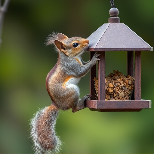 Squirrel climbing near protected bird feeder