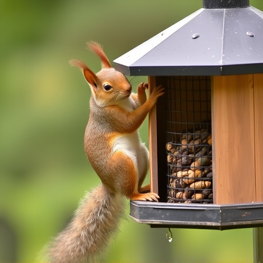 Squirrel climbing near protected bird feeder