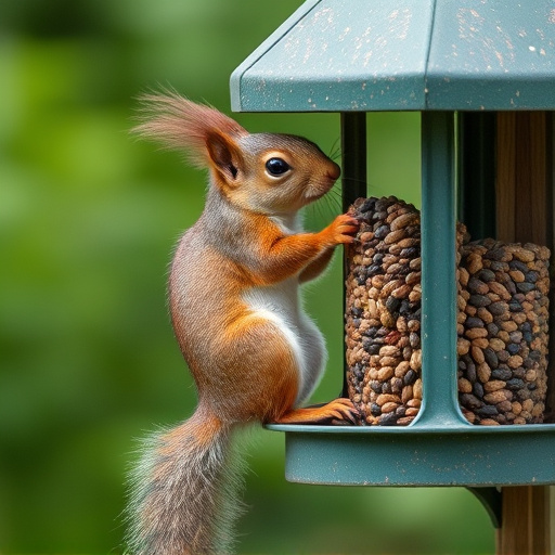 Squirrel climbing near protected bird feeder