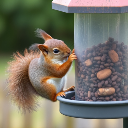 Squirrel nibbling on garden bird feeder blocked
