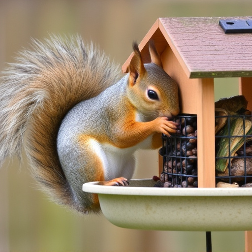 Squirrel nibbling on garden bird feeder blocked