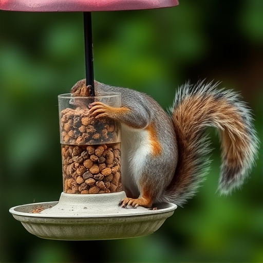 Squirrel nibbling on garden bird feeder blocked