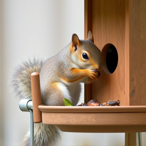 Squirrel nibbling on garden bird feeder blocked