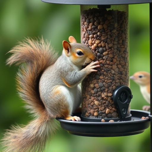 Squirrel nibbling on garden bird feeder blocked