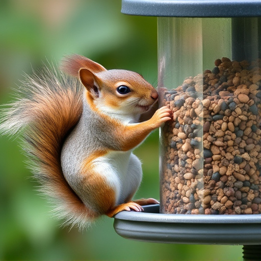 Squirrel nibbling on garden bird feeder blocked