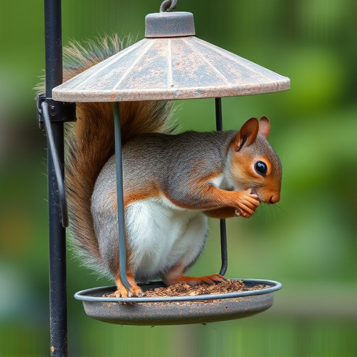 Squirrel nibbling on garden bird feeder blocked