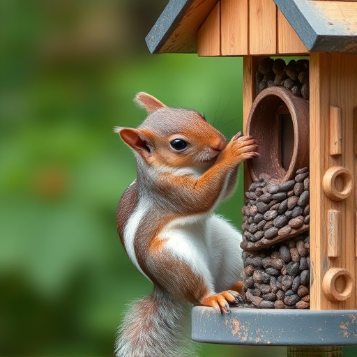 Squirrel nibbling on garden bird feeder blocked