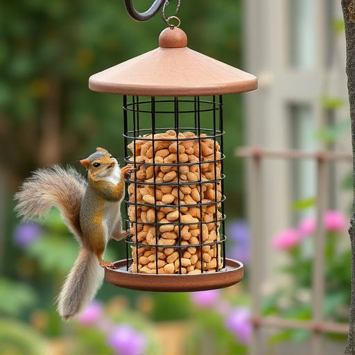 Squirrel-proof peanut feeder hanging in garden