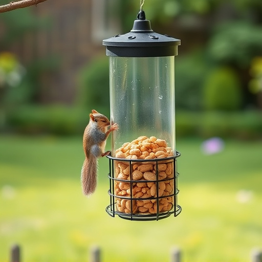 Squirrel-proof peanut feeder hanging in garden
