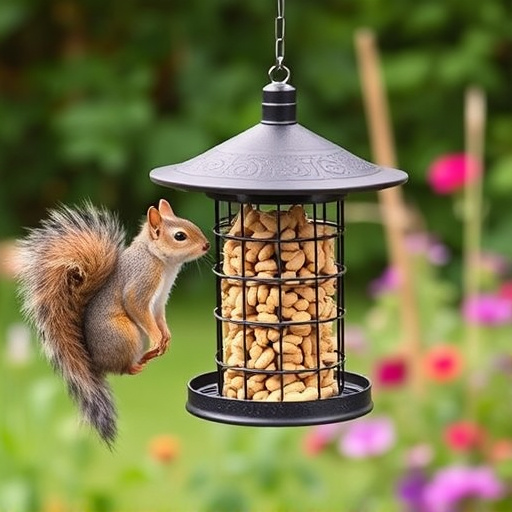 Squirrel-proof peanut feeder hanging in garden