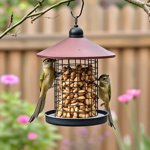 Squirrel-proof peanut feeder hanging in garden
