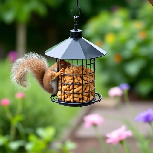 Squirrel-proof peanut feeder hanging in garden