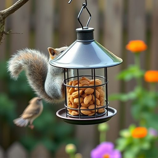 Squirrel-proof peanut feeder hanging in garden