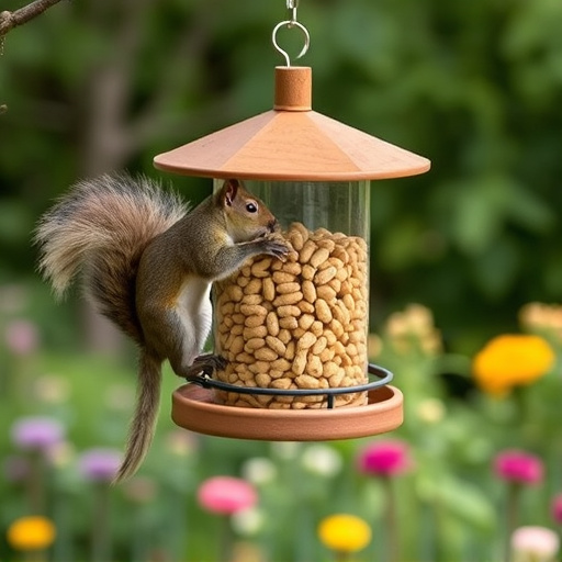 Squirrel-proof peanut feeder hanging in garden