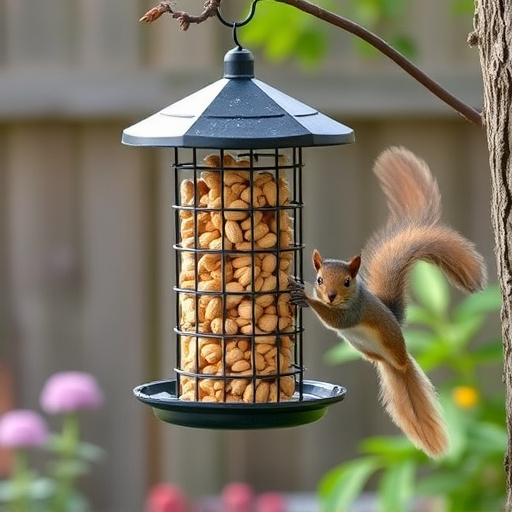 Squirrel-proof peanut feeder hanging in garden