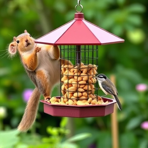 Squirrel-proof peanut feeder hanging in garden