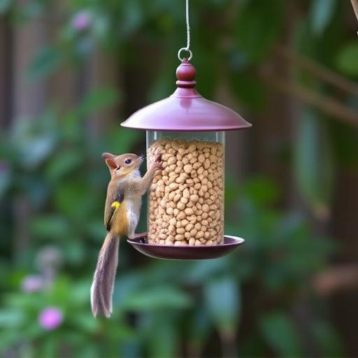 Squirrel-proof peanut feeder hanging in garden