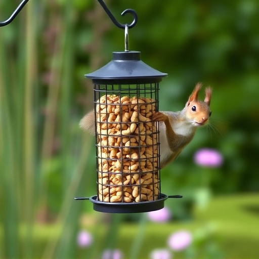 Squirrel-proof peanut feeder hanging in garden