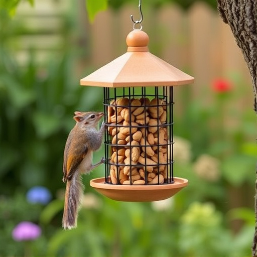Squirrel-proof peanut feeder hanging in garden