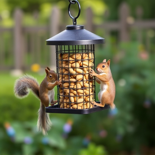 Squirrel-proof peanut feeder hanging in garden
